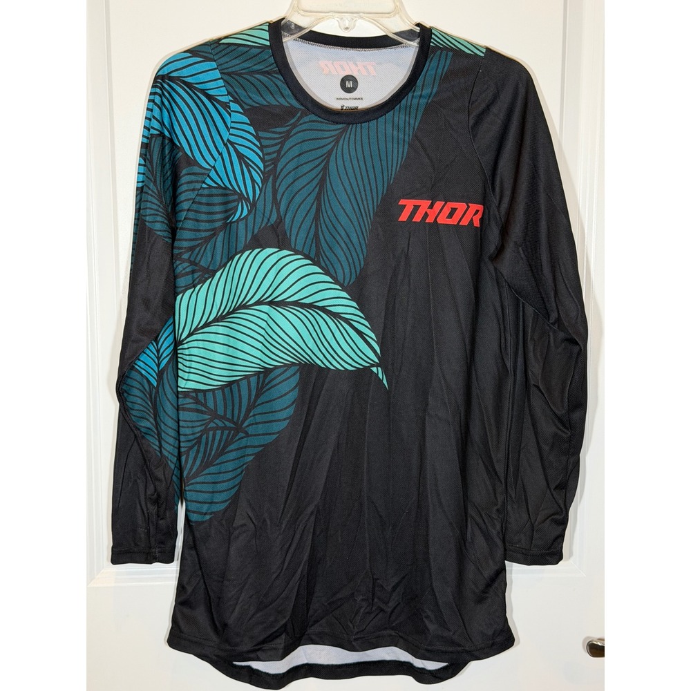 Thor Motocross Jersey Womens Medium Black Teal Green Leaf Long Sleeve MX ATV MTB